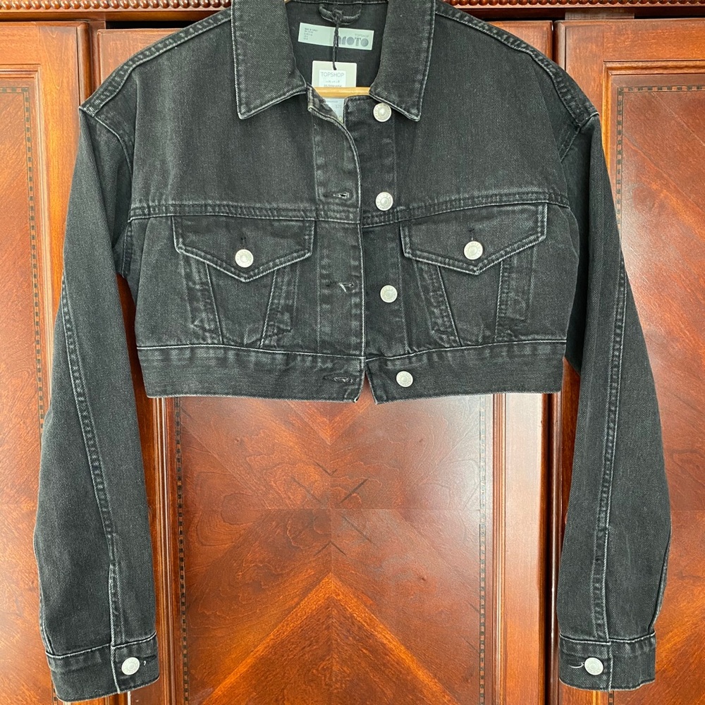 Moto black denim cropped jean jacket from Top Shop